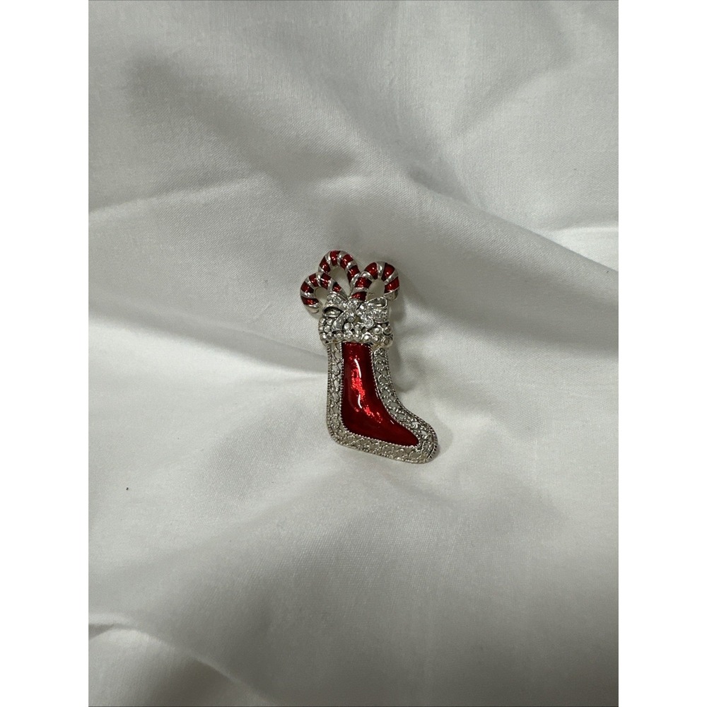 Christmas Stocking Enamel Brooch Pin Candy Canes Bow Filagree Rhinestones‎ 2.25"